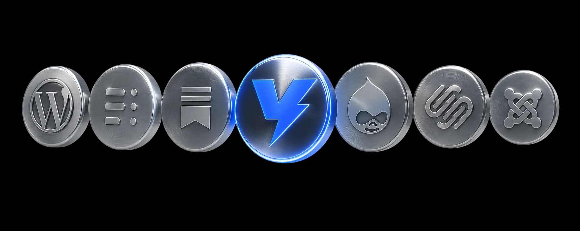 VeloCMS bolt logo highlighted in a lineup of legacy CMS coins — WordPress, Ghost, Substack, Drupal, Squarespace, Joomla