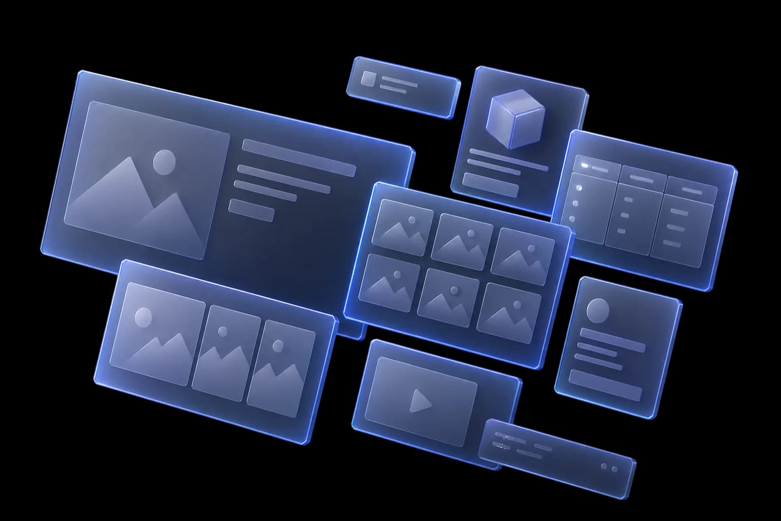 Floating frosted glass page builder block tiles — hero, gallery, product card, pricing, form, video, footer
