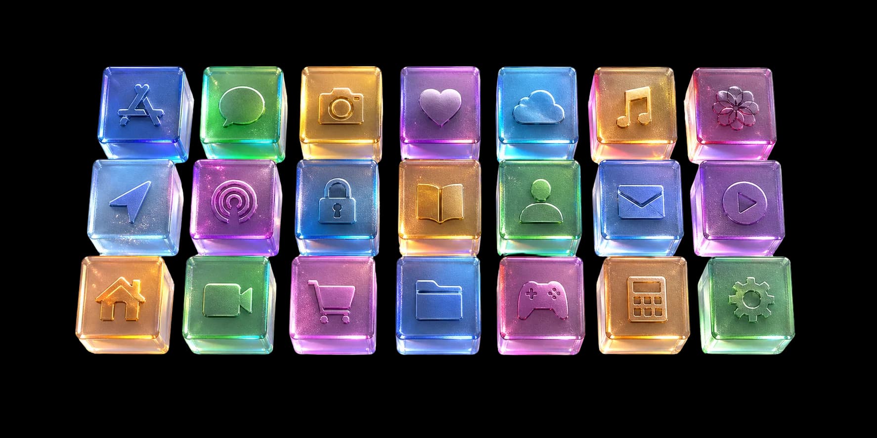 20 first-party VeloCMS plugins as premium frosted glass icon cubes — newsletter, e-commerce, analytics, podcast, gallery, security, automation
