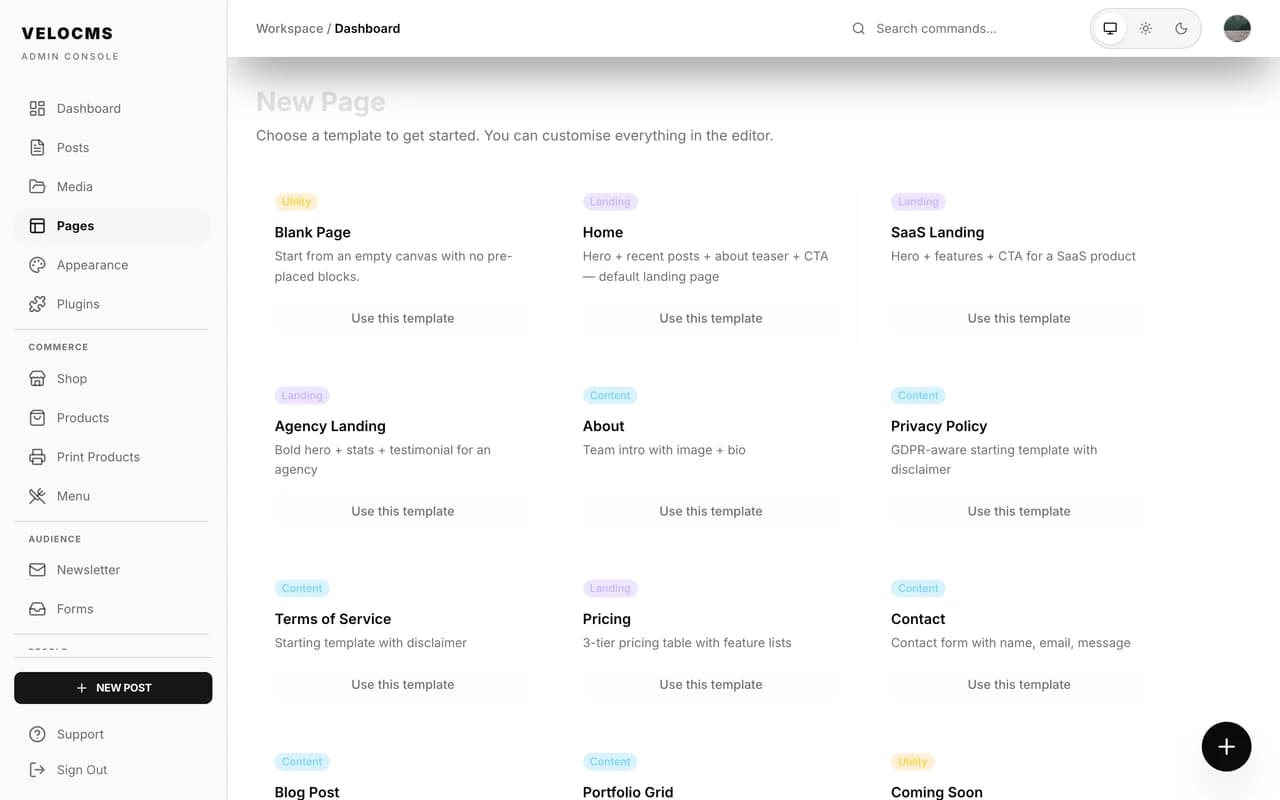 VeloCMS visual page builder template gallery — 12 pre-built templates including Home, SaaS Landing, Agency, About, Pricing, Blog Post, and Portfolio