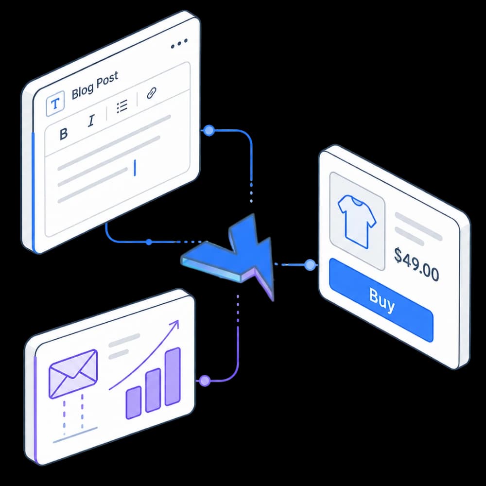 VeloCMS all-in-one platform — blog editor, product storefront, and growth analytics floating in an isometric layout