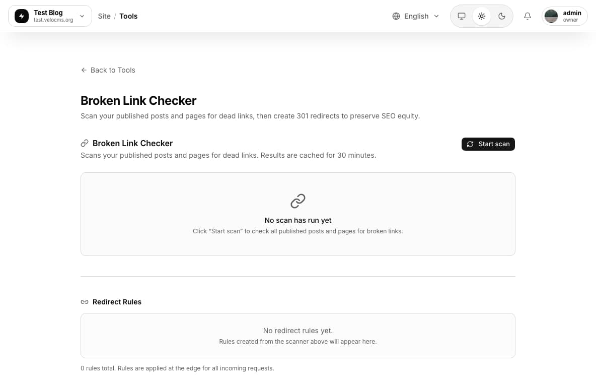Broken Link Checker admin tool with a Start scan button and a redirect rules panel