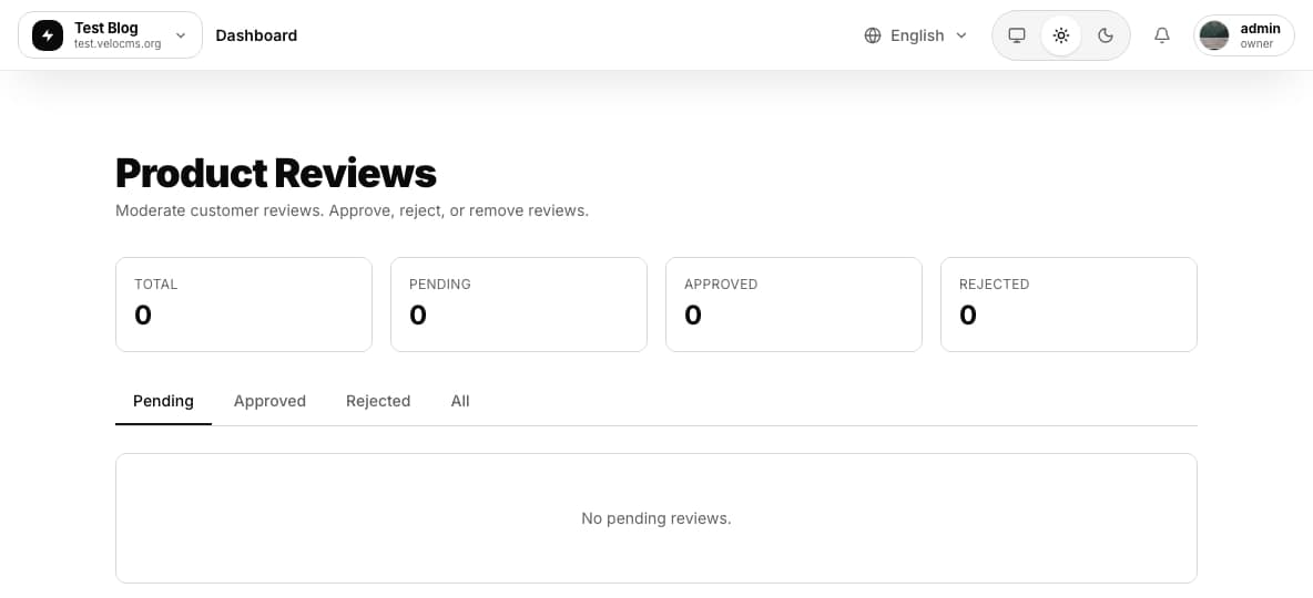Product Reviews moderation queue with Total, Pending, Approved, and Rejected stat cards and status tabs