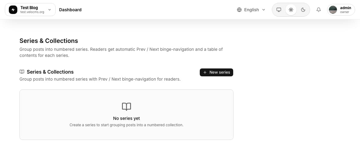 Series & Collections admin panel with a New Series button and an empty state prompting the first series
