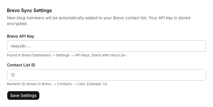 Brevo admin settings form with an API key field and a contact list ID field