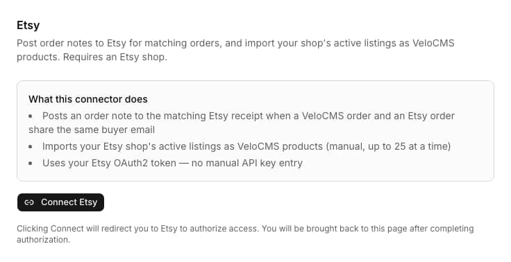 Etsy connector admin panel with a summary of what the connector does and a Connect Etsy button