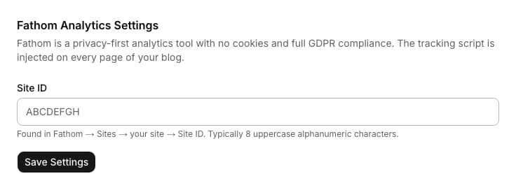 Fathom Analytics admin settings form with a Site ID field