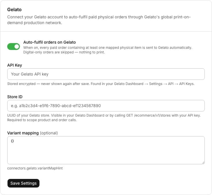 Gelato admin settings form with an API key field and a variant mapping editor for print-on-demand fulfillment