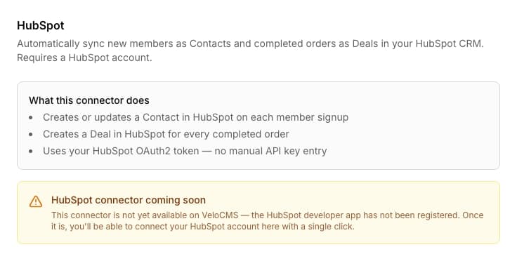 HubSpot admin panel explaining what the connector does, currently showing a not-yet-configured notice