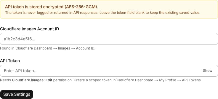 Image Optimizer admin settings form with a Cloudflare Images account ID field and an encrypted API token field
