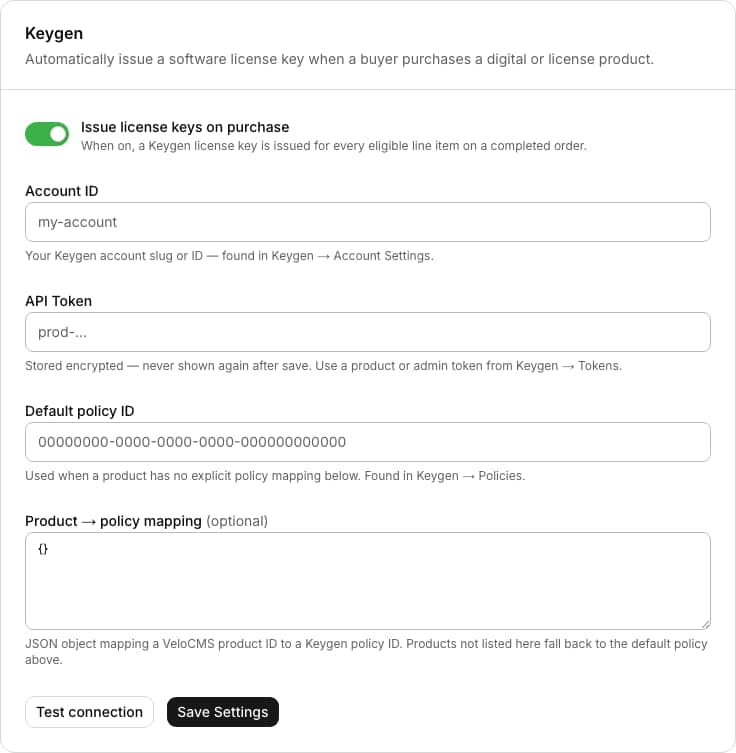 Keygen admin settings form with API token field and a per-product license policy mapping editor