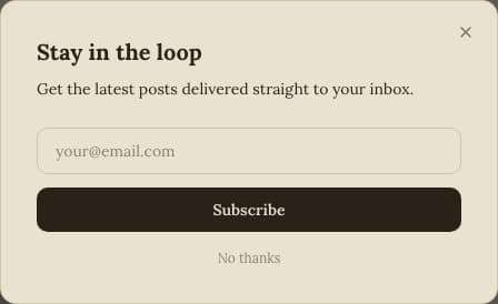 Newsletter signup popup with a headline, an email field, a Subscribe button, and a No thanks dismiss link