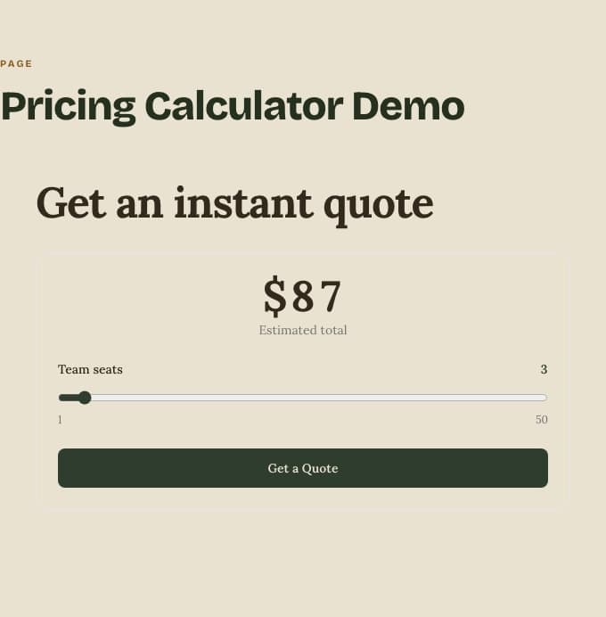 Pricing calculator block on a published page showing an estimated total, a team-seats slider, and a Get a Quote button