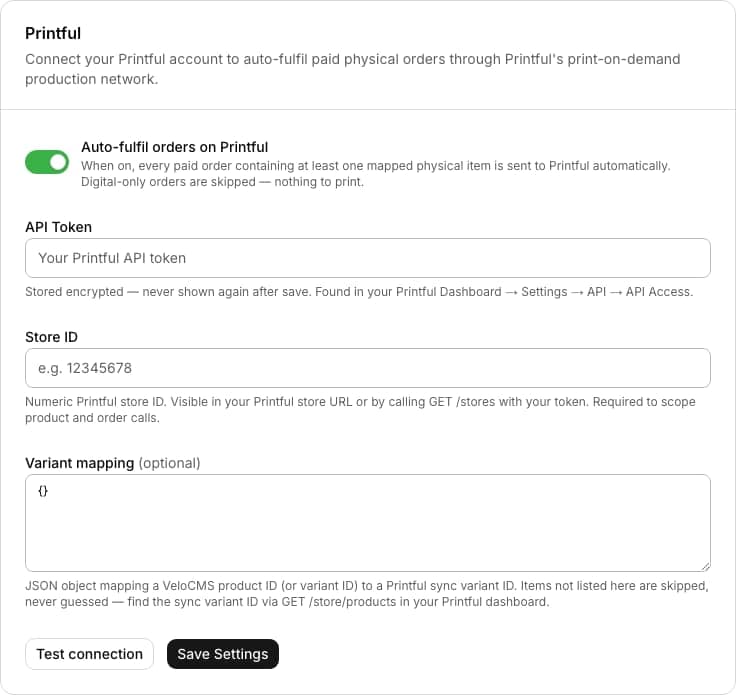 Printful admin settings form with an API key field and a variant mapping editor for print-on-demand fulfillment