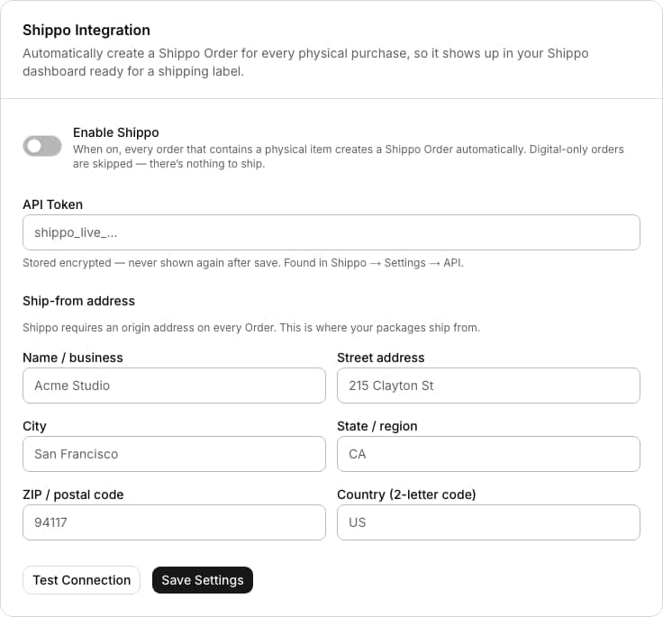 Shippo admin settings form with an API token field for generating shipping labels