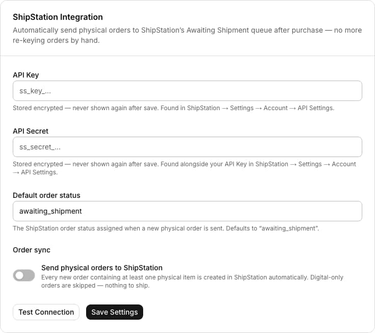 ShipStation admin settings form with API key and API secret fields for order fulfillment sync