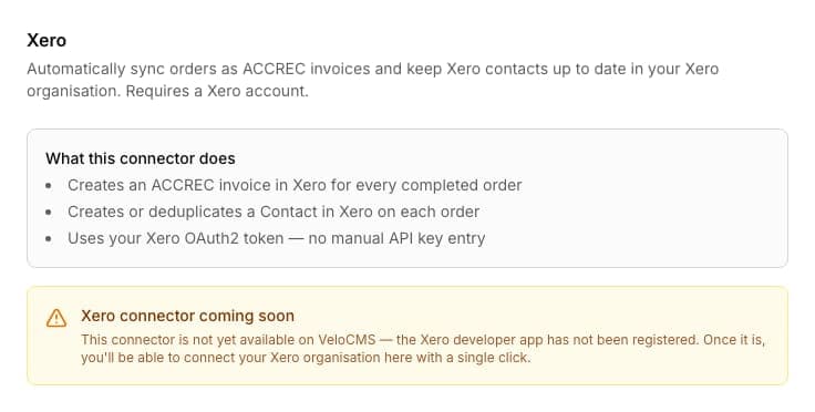 Xero connector admin panel with a summary of what the connector does and a Connect Xero button