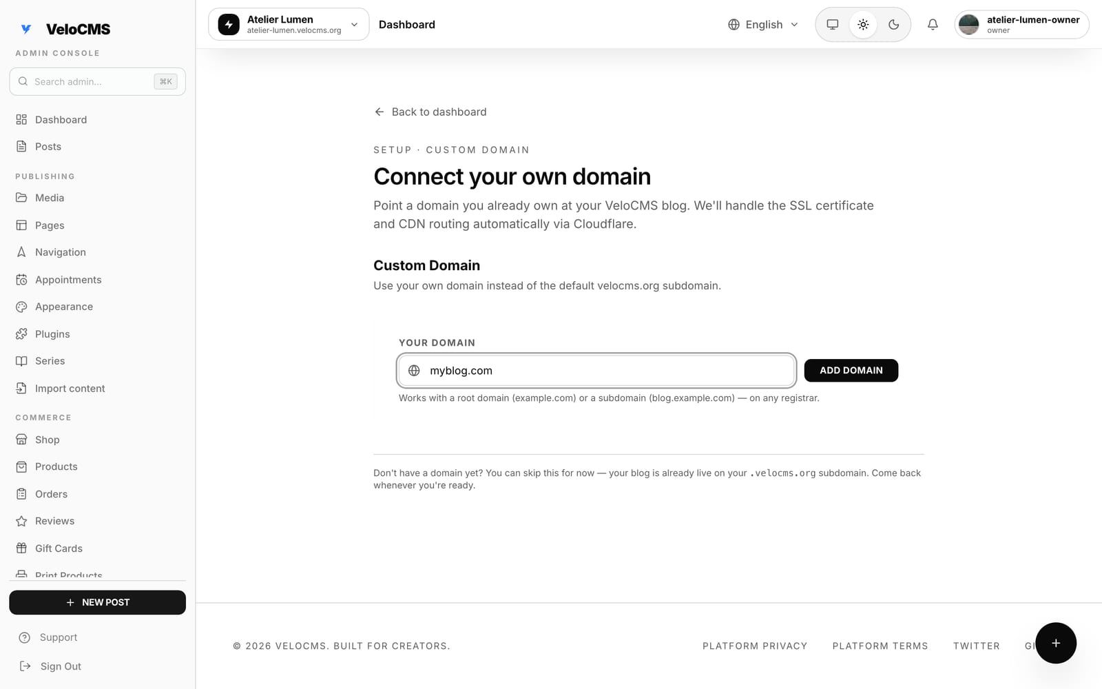 The same setup screen with
