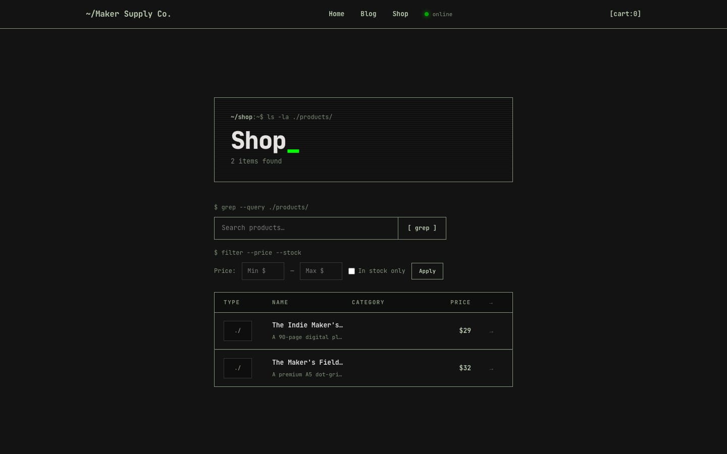 The Terminal theme's shop page, styled as a dark command-line interface with monospace type and a grep-style product search field