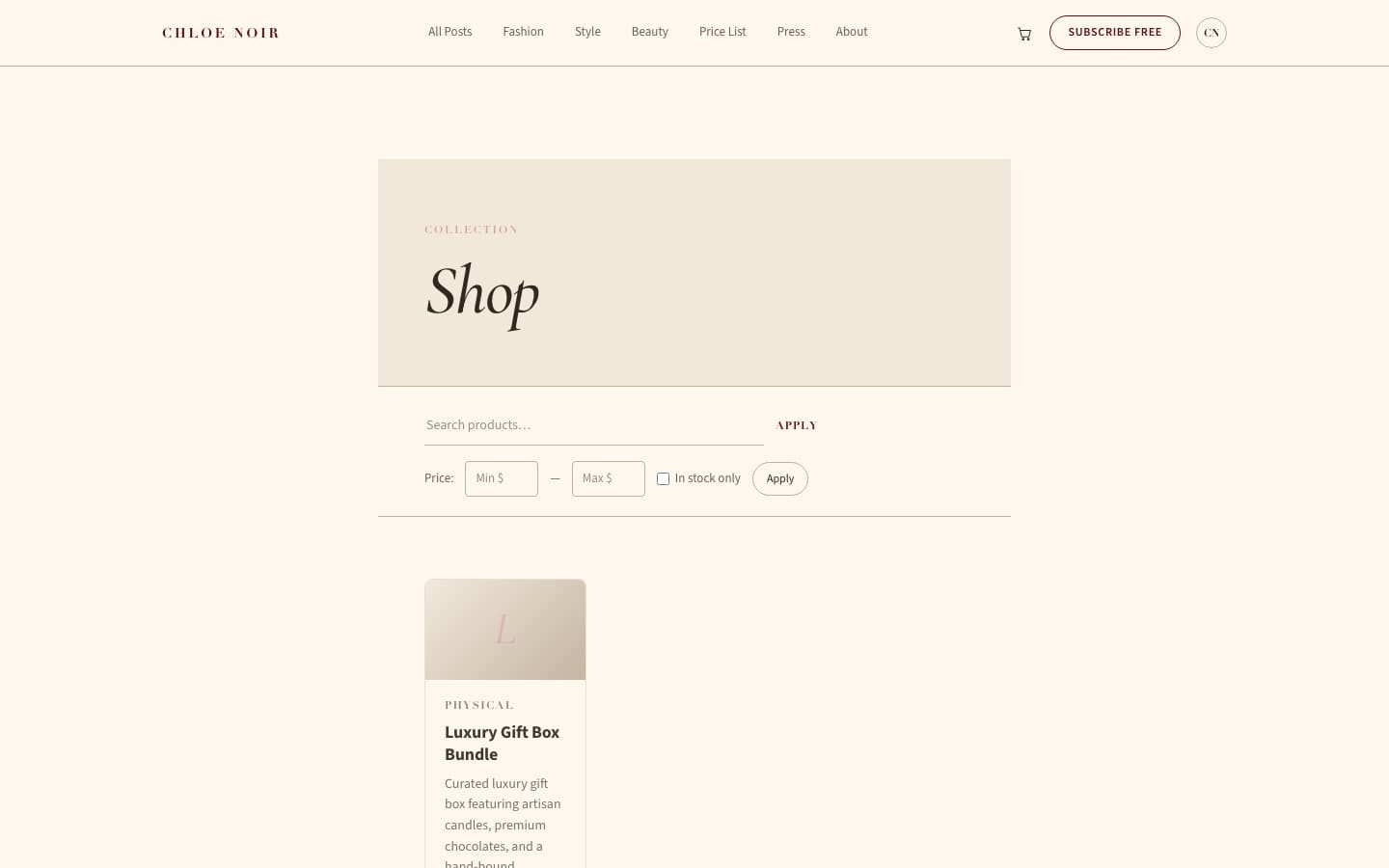 The Velvet Editorial theme's shop page, styled as a warm cream and blush fashion magazine layout with an italic serif headline